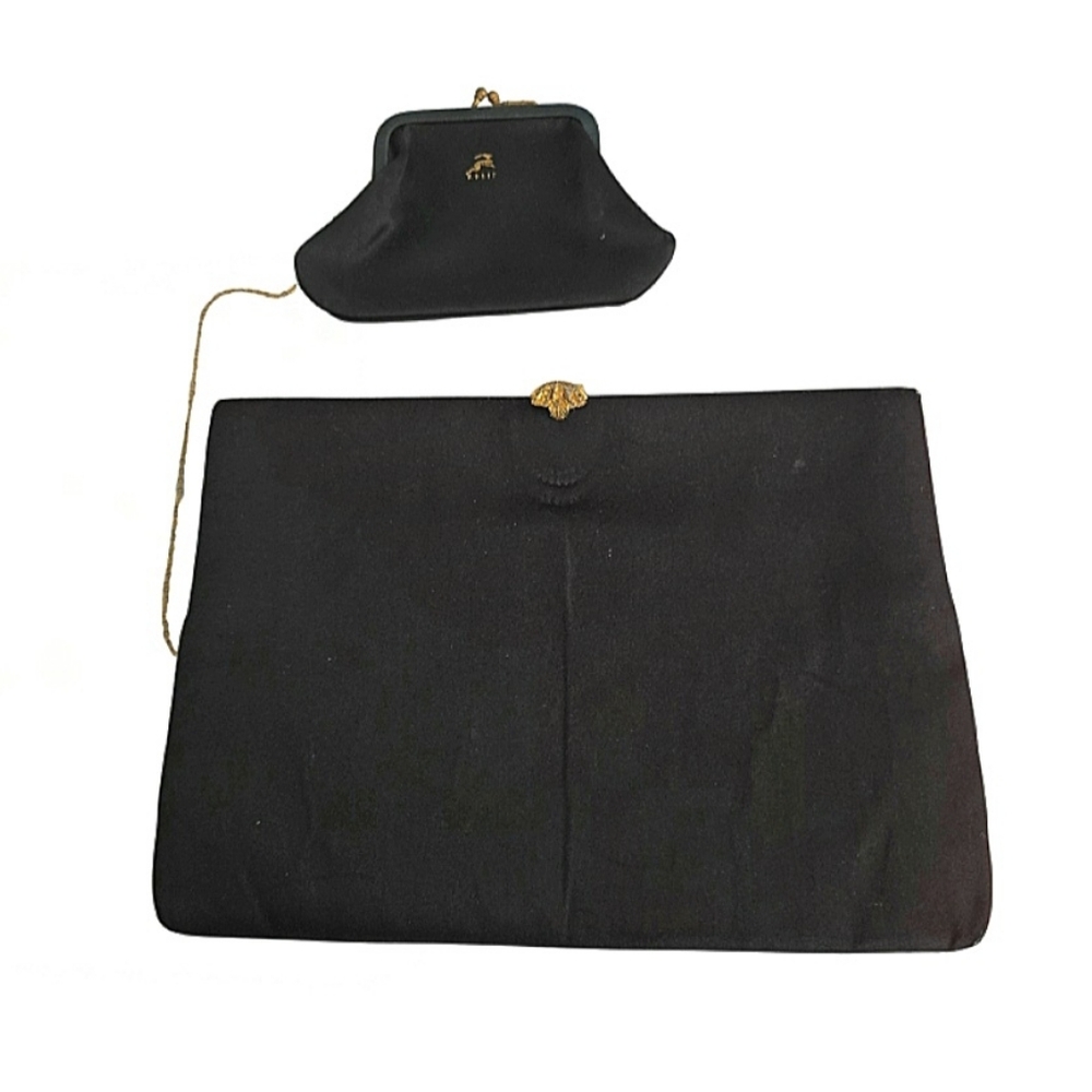 Koret Bergdorf Goodman VINTAGE Black Fabric Clutch w/ Coin Purse Gold Clasp